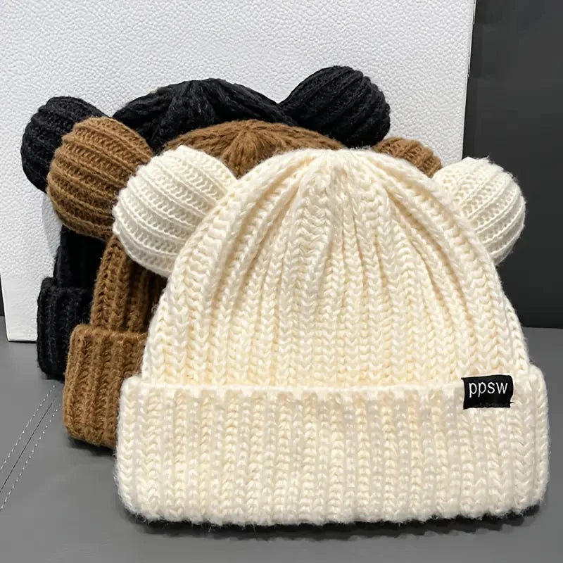 Cute Bear Ear Knitted Wool Hat Women Fashion Hooded Thick
