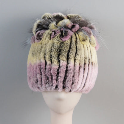 Fur Hats for Women Winter Real Rex Rabbit Hat Fox Fur Knit Female