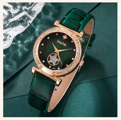 Green Luxury Quartz Watch Women Ring Necklace Earring Rhinestone