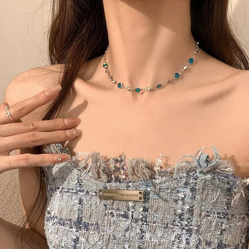 LATS Romantic Blue Crystal Butterfly Necklace for Women Girls Simple