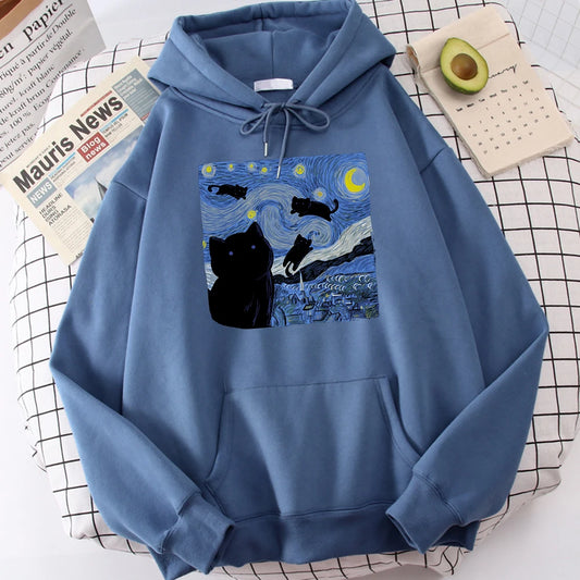 The Starry Cat Night Printing Hoodies Men Autumn Oversize Hoodie