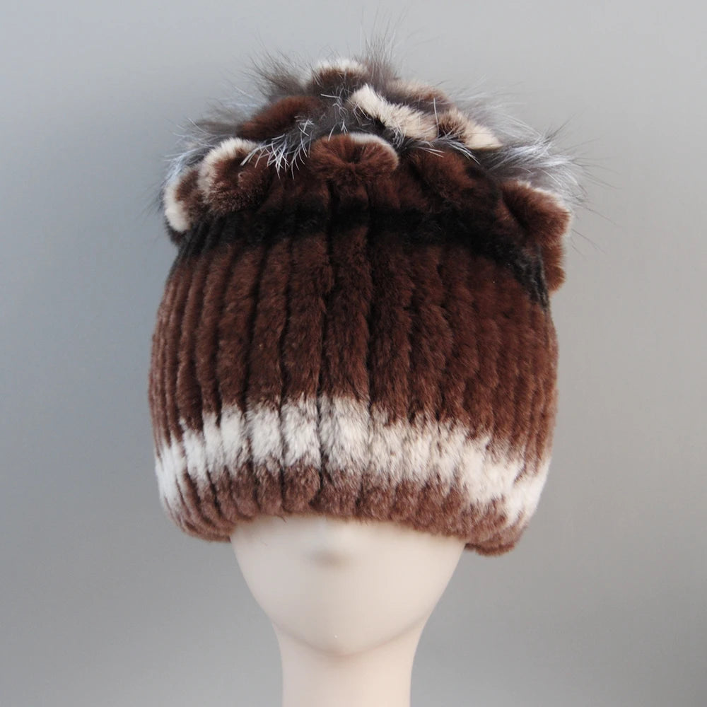 Fur Hats for Women Winter Real Rex Rabbit Hat Fox Fur Knit Female