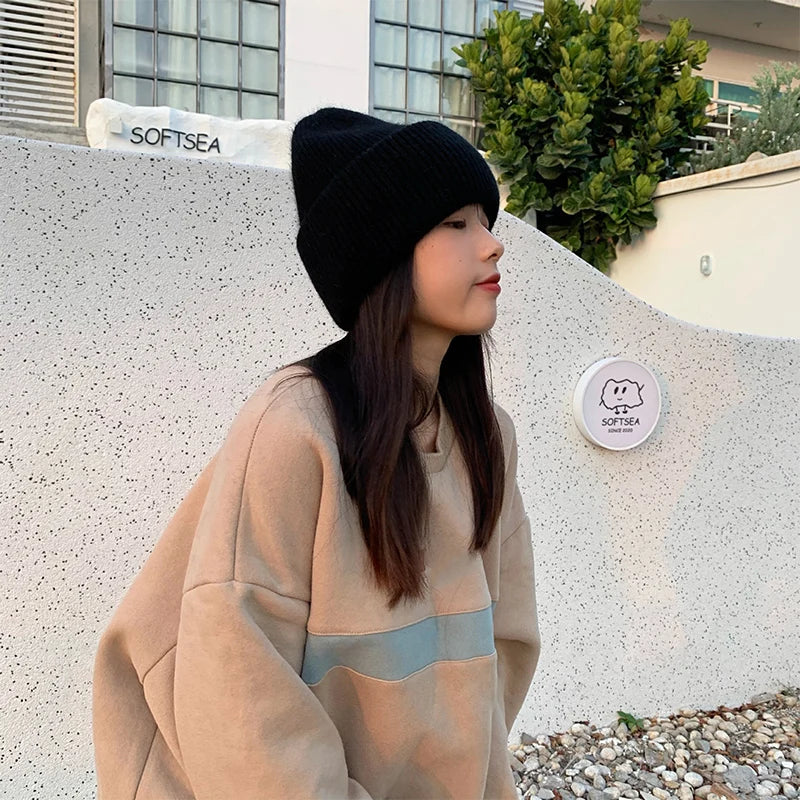 Winter Hats Woman Soft Knit Beanie Warm Rabbit Fur Hat Solid