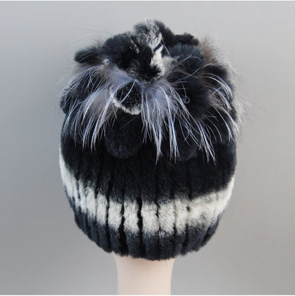 Fur Hats for Women Winter Real Rex Rabbit Hat Fox Fur Knit Female