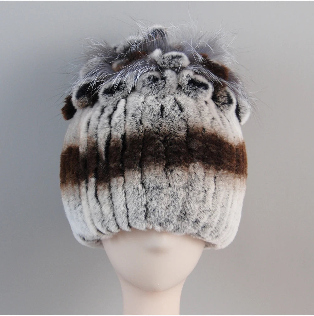 Fur Hats for Women Winter Real Rex Rabbit Hat Fox Fur Knit Female