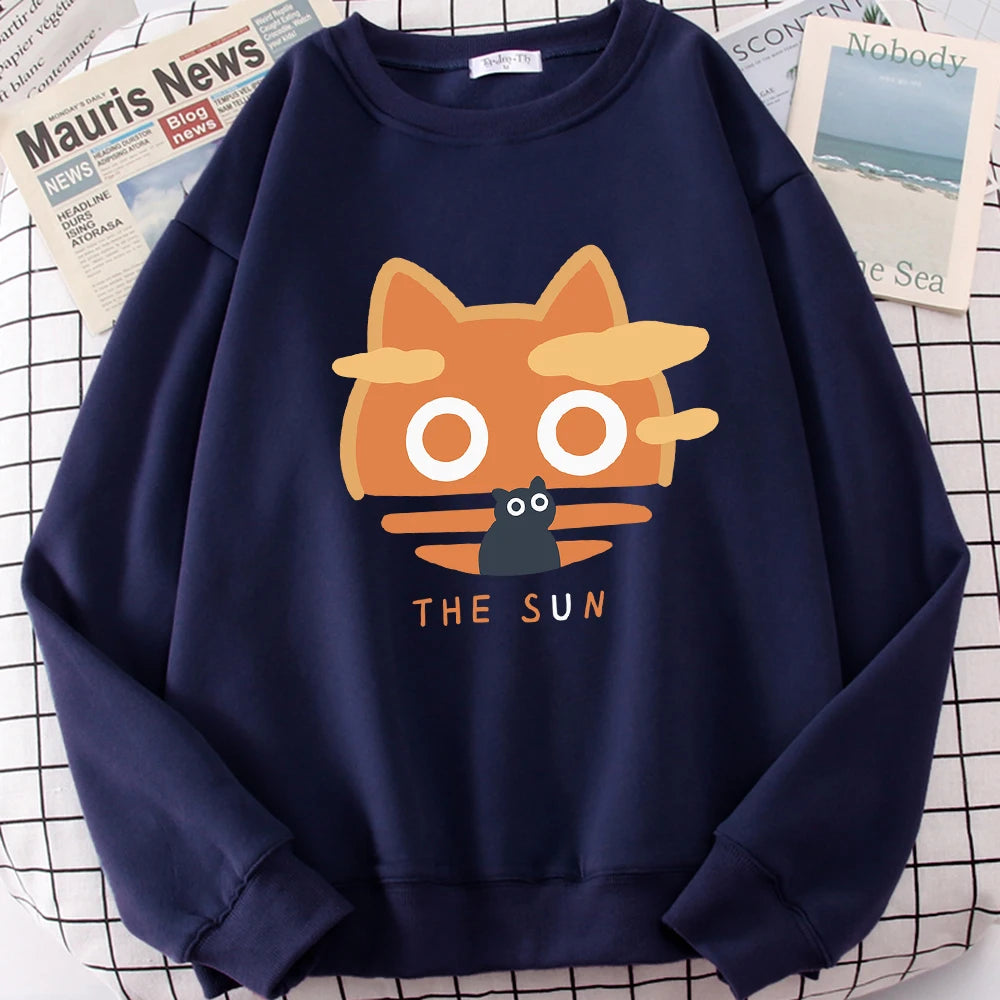 The Sun Orange Cat Fun Cute Print Cartoons Hoody Men Loose