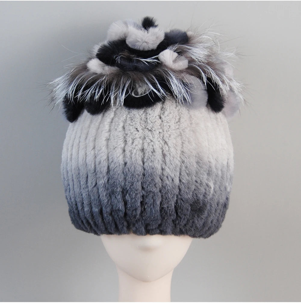 Fur Hats for Women Winter Real Rex Rabbit Hat Fox Fur Knit Female