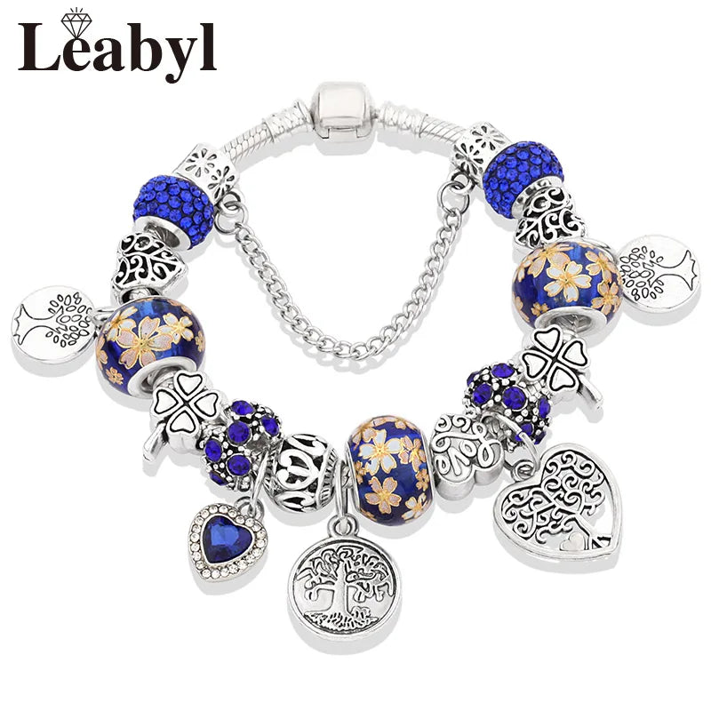 Antique  Silver Tree of Life Charm Bracelets Green Crystal Flower