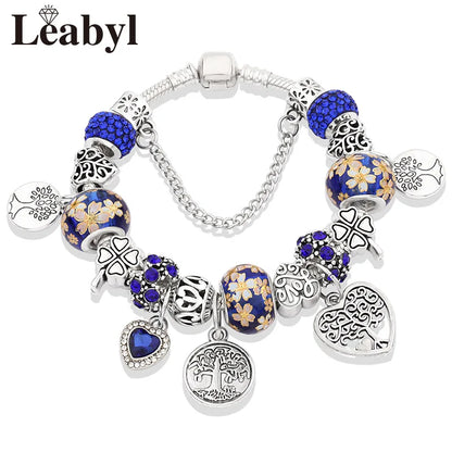 Antique  Silver Tree of Life Charm Bracelets Green Crystal Flower