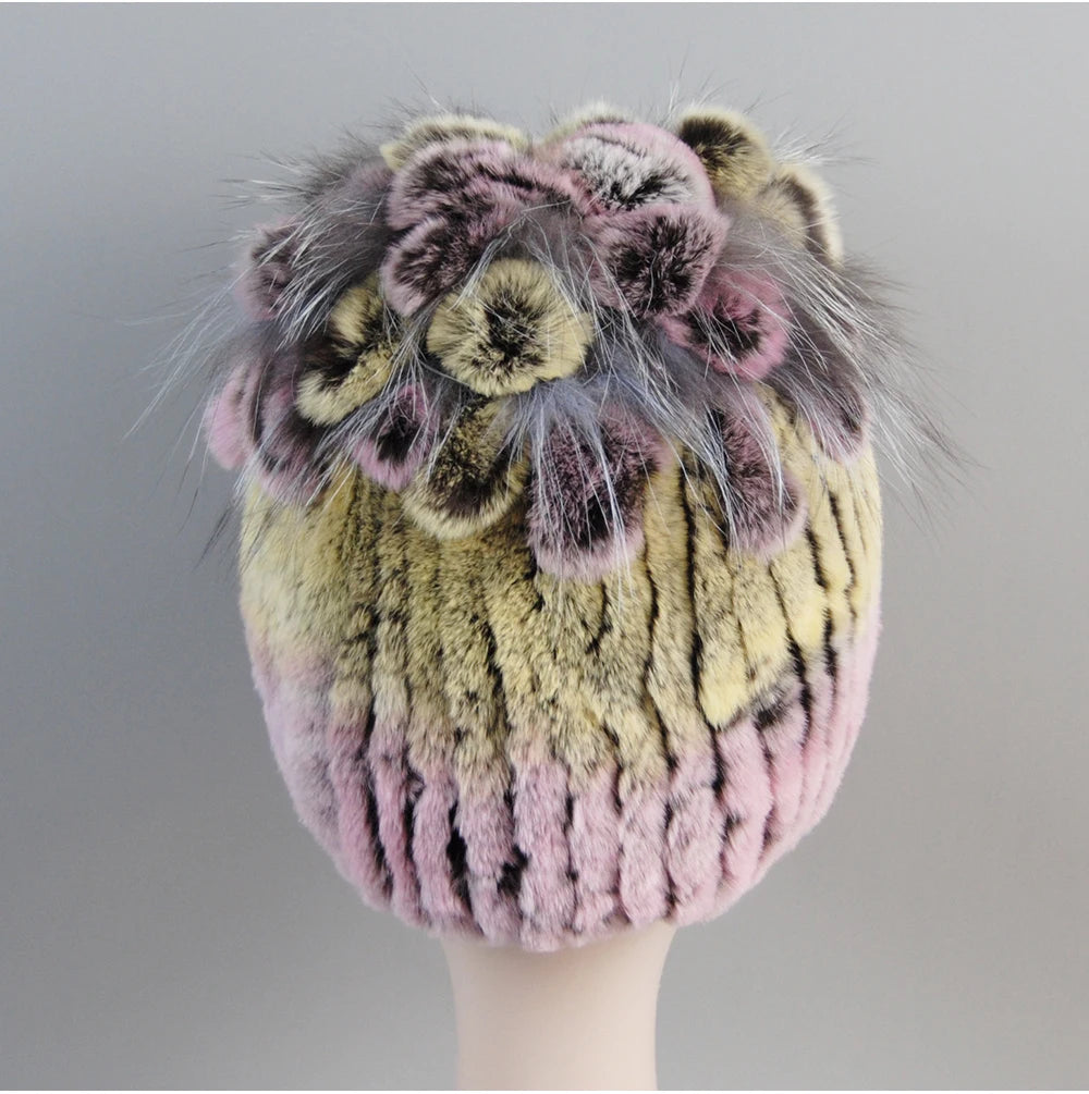 Fur Hats for Women Winter Real Rex Rabbit Hat Fox Fur Knit Female