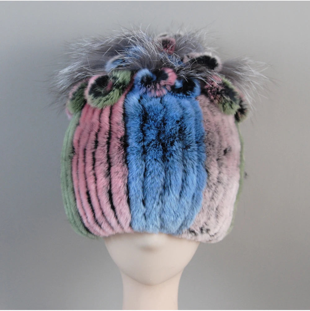 Fur Hats for Women Winter Real Rex Rabbit Hat Fox Fur Knit Female