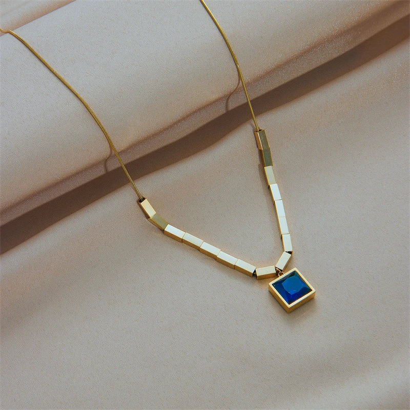 Stainless Steel Square Blue Zircon Necklace For Women