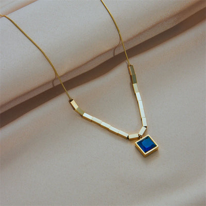 Stainless Steel Square Blue Zircon Necklace For Women