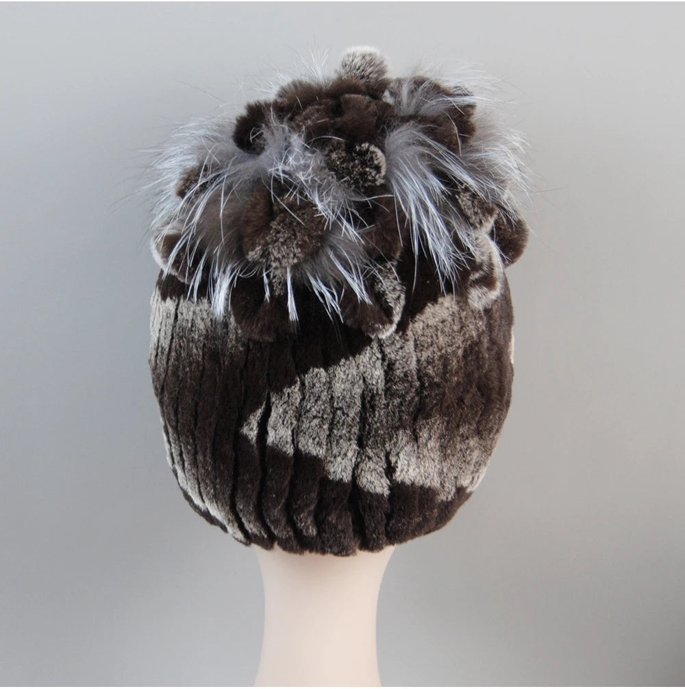 Fur Hats for Women Winter Real Rex Rabbit Hat Fox Fur Knit Female