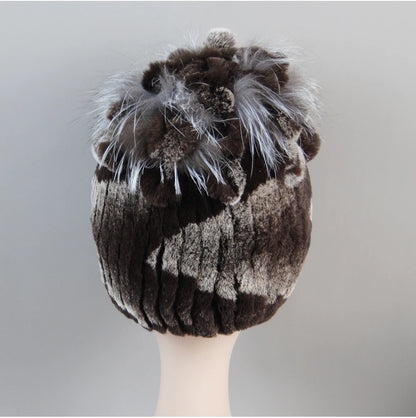 Fur Hats for Women Winter Real Rex Rabbit Hat Fox Fur Knit Female