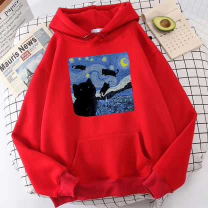 The Starry Cat Night Printing Hoodies Men Autumn Oversize Hoodie