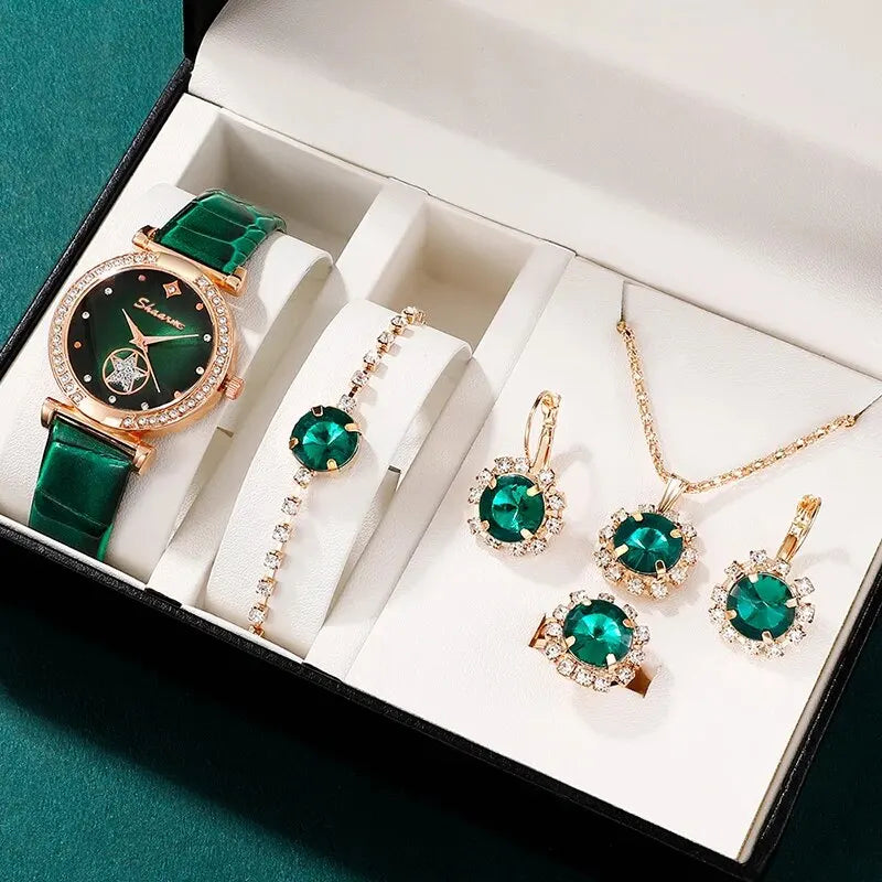 Green Luxury Quartz Watch Women Ring Necklace Earring Rhinestone