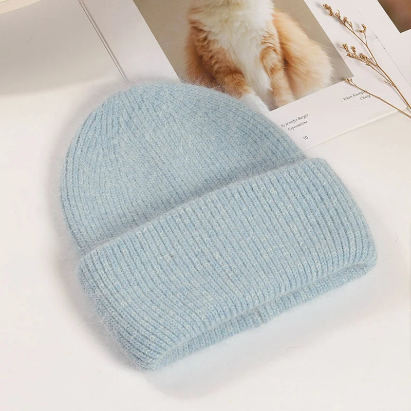 Winter Hats Woman Soft Knit Beanie Warm Rabbit Fur Hat Solid