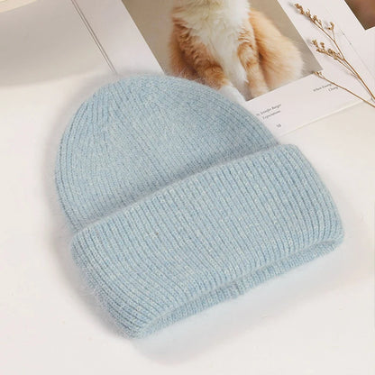Winter Hats Woman Soft Knit Beanie Warm Rabbit Fur Hat Solid