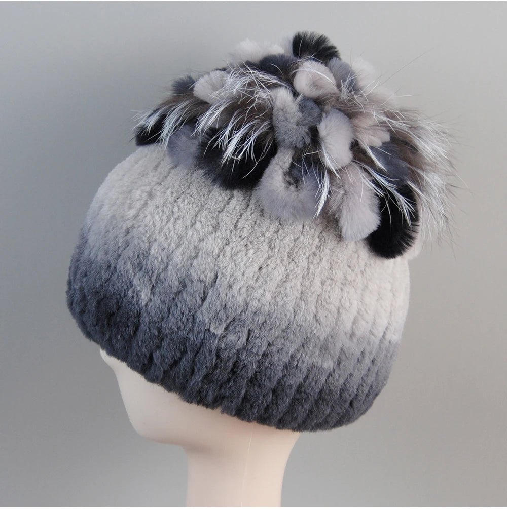 Fur Hats for Women Winter Real Rex Rabbit Hat Fox Fur Knit Female