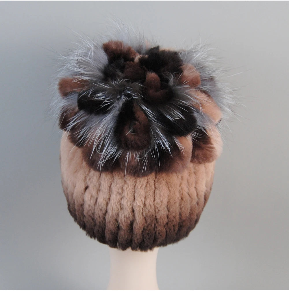 Fur Hats for Women Winter Real Rex Rabbit Hat Fox Fur Knit Female