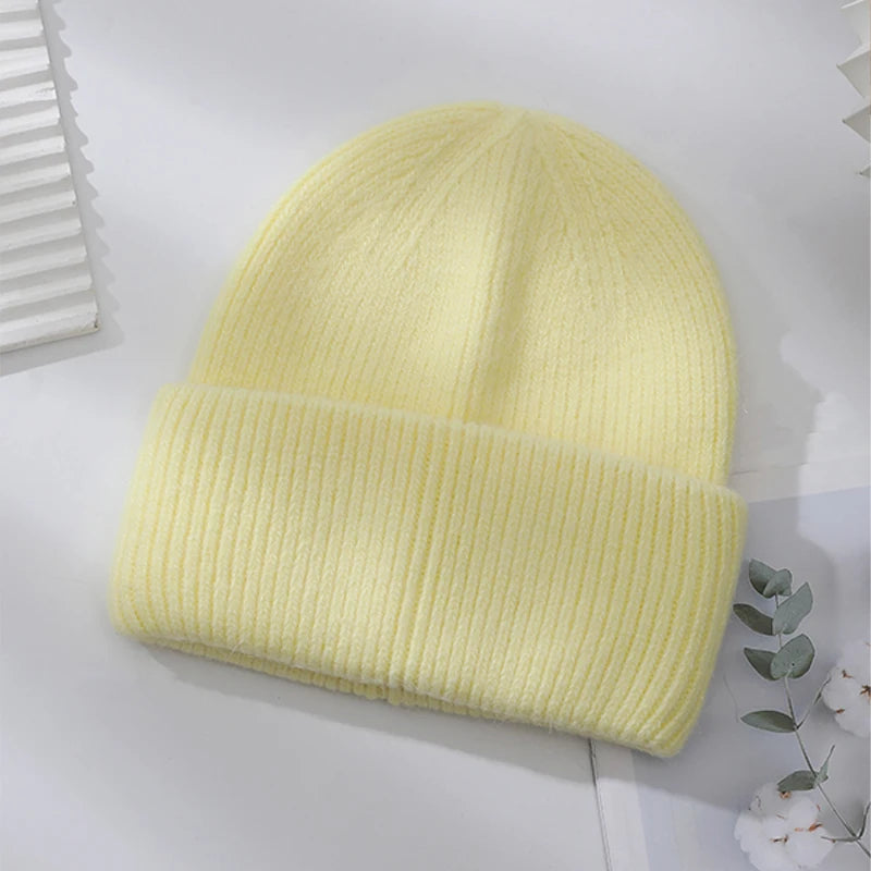 Winter Hats Woman Soft Knit Beanie Warm Rabbit Fur Hat Solid