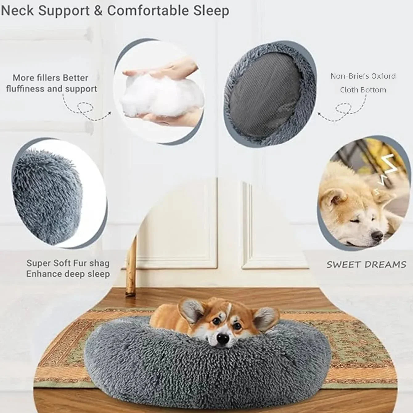 Round Pet Bed for Large Dog Bed Super Soft Cat Bed Long Plush