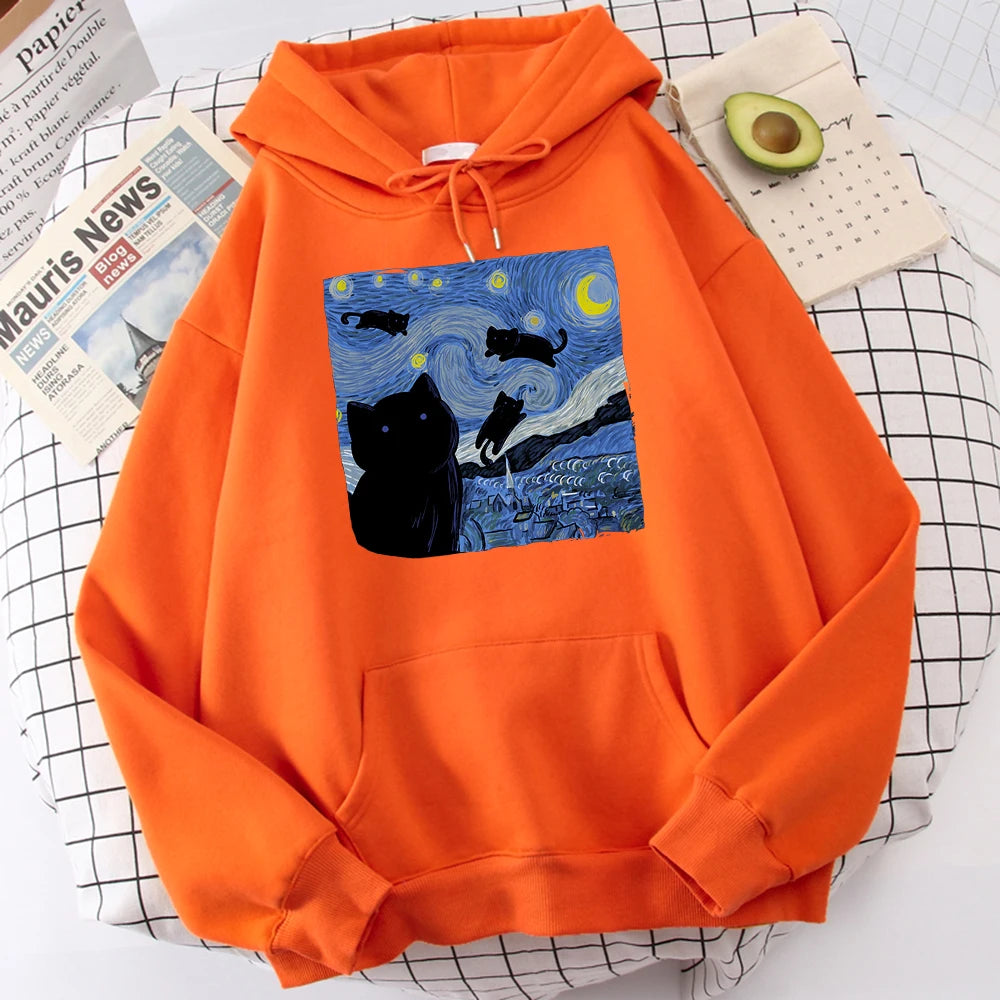 The Starry Cat Night Printing Hoodies Men Autumn Oversize Hoodie