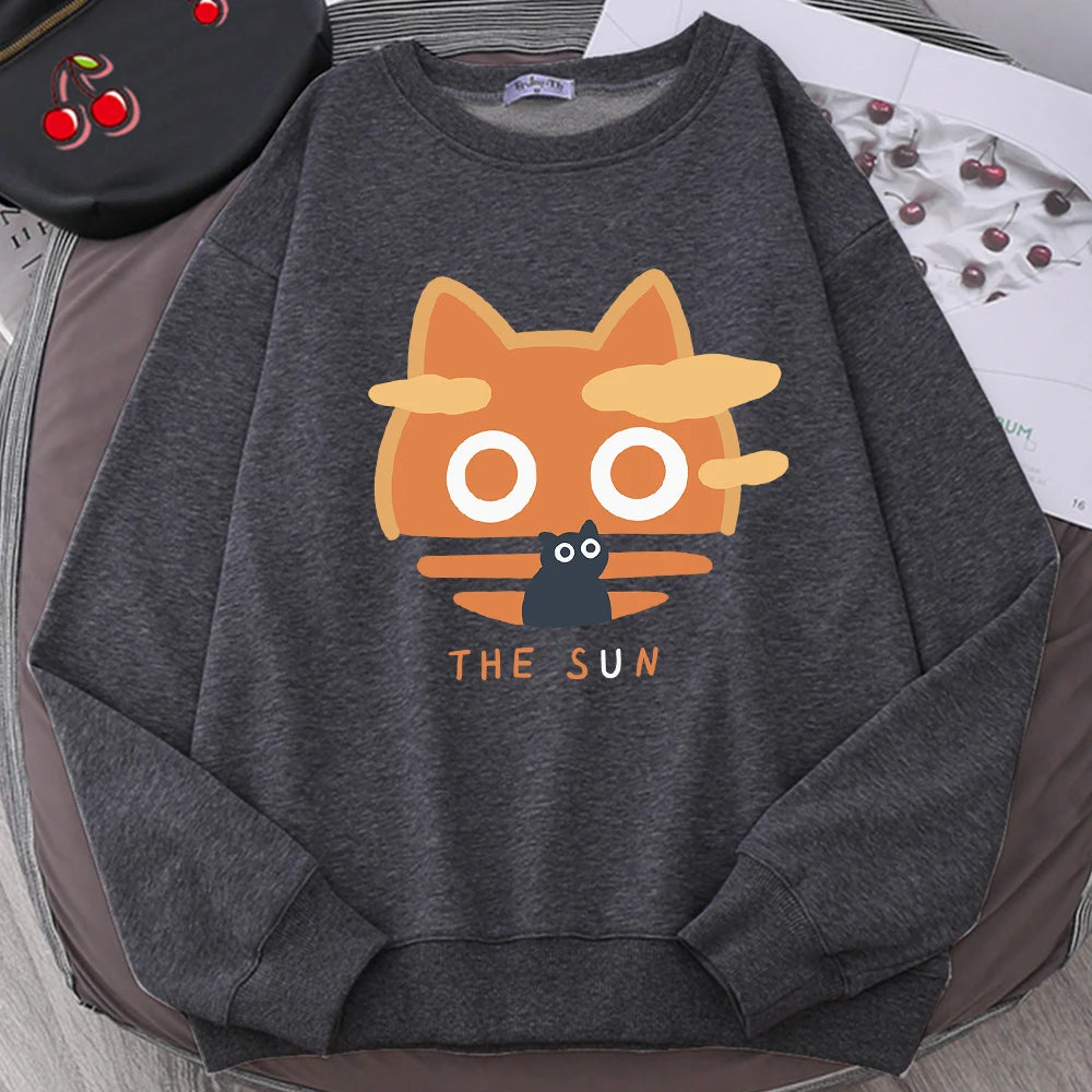 The Sun Orange Cat Fun Cute Print Cartoons Hoody Men Loose