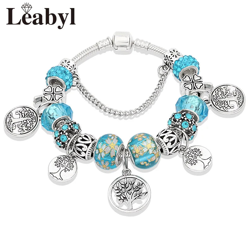 Antique  Silver Tree of Life Charm Bracelets Green Crystal Flower