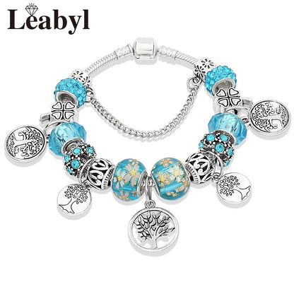 Antique  Silver Tree of Life Charm Bracelets Green Crystal Flower