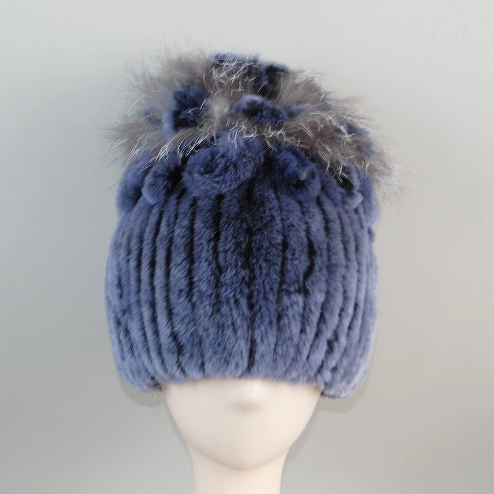 Fur Hats for Women Winter Real Rex Rabbit Hat Fox Fur Knit Female