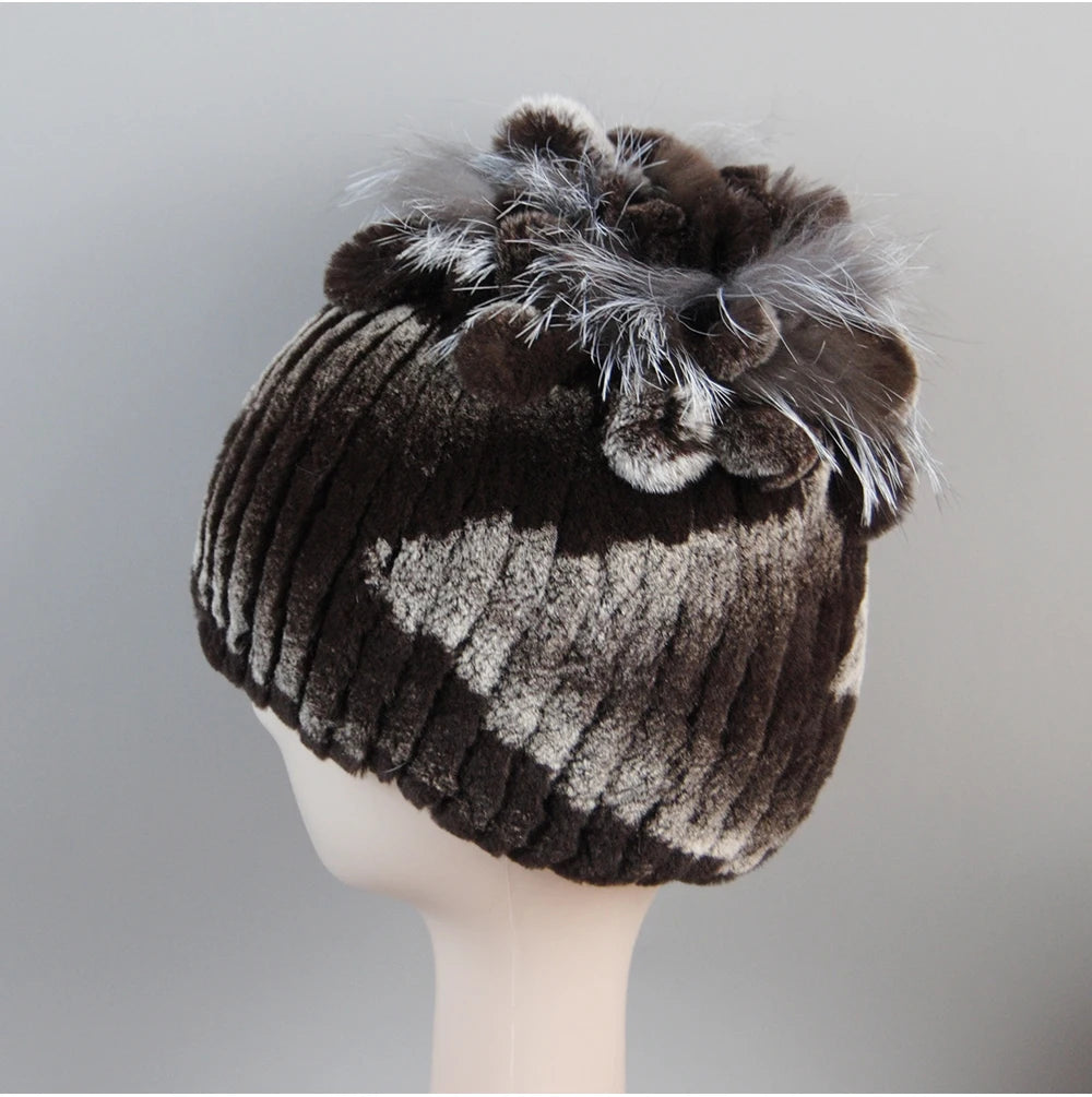 Fur Hats for Women Winter Real Rex Rabbit Hat Fox Fur Knit Female