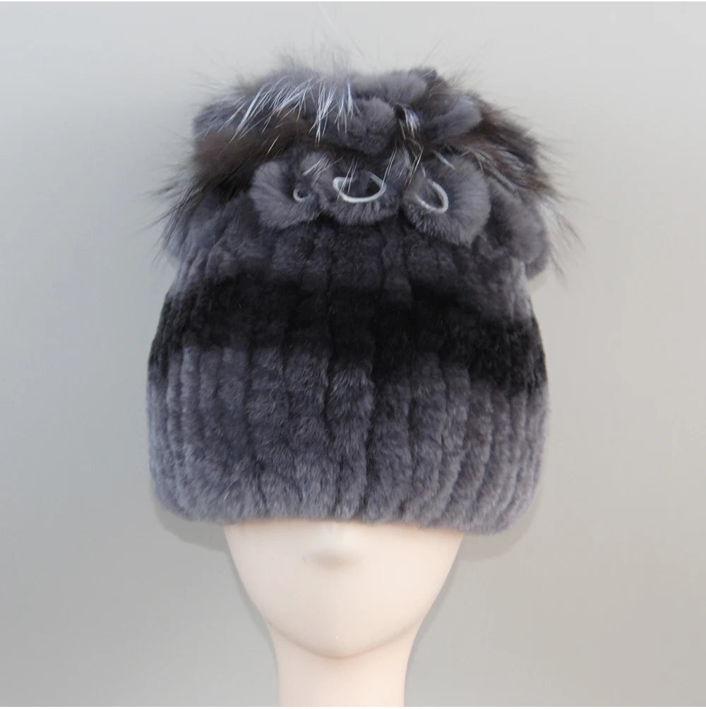 Fur Hats for Women Winter Real Rex Rabbit Hat Fox Fur Knit Female