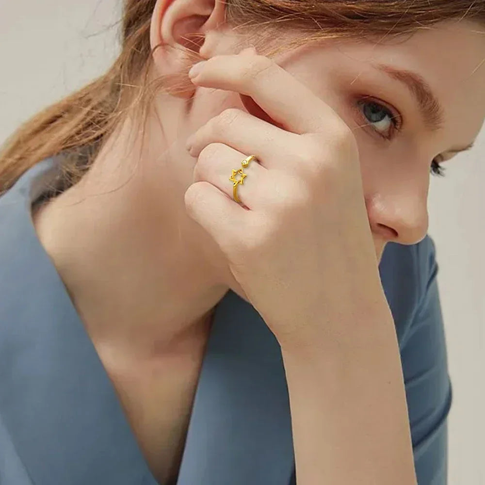 YILUOCD Hollow Hexagon Zircon Jewish Ring for Women Magen
