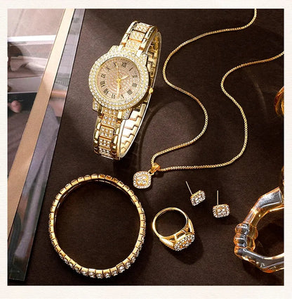 Golden Watch Women Ring Necklace Earrings Rhinestone Fashion