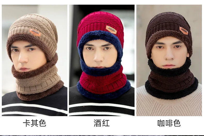 Winter Hat For Men Fleece Scarf Women Neck Leather Knitted