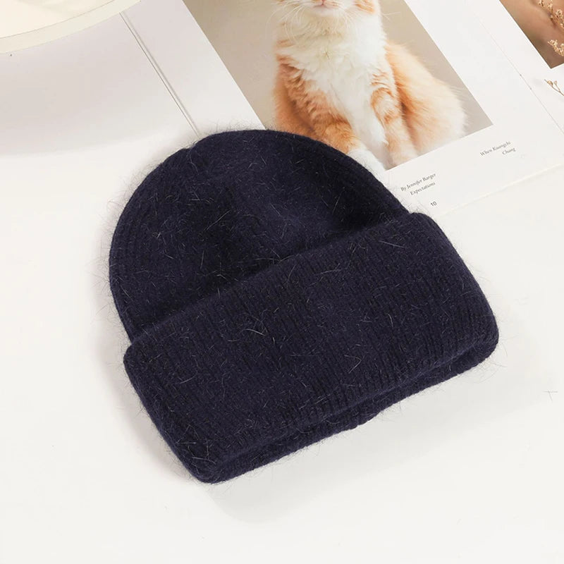 Winter Hats Woman Soft Knit Beanie Warm Rabbit Fur Hat Solid