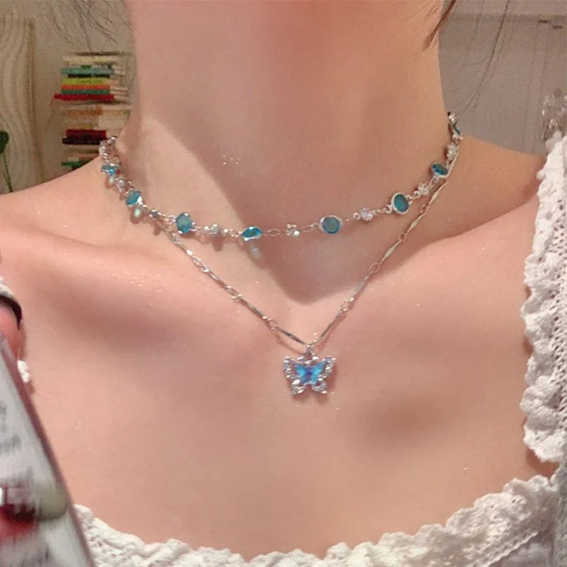 LATS Romantic Blue Crystal Butterfly Necklace for Women Girls Simple