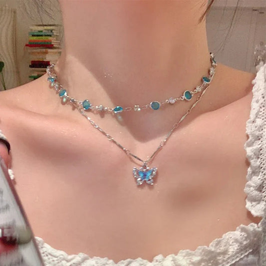 LATS Romantic Blue Crystal Butterfly Necklace for Women Girls Simple