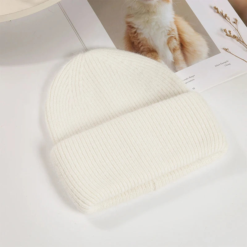 Winter Hats Woman Soft Knit Beanie Warm Rabbit Fur Hat Solid