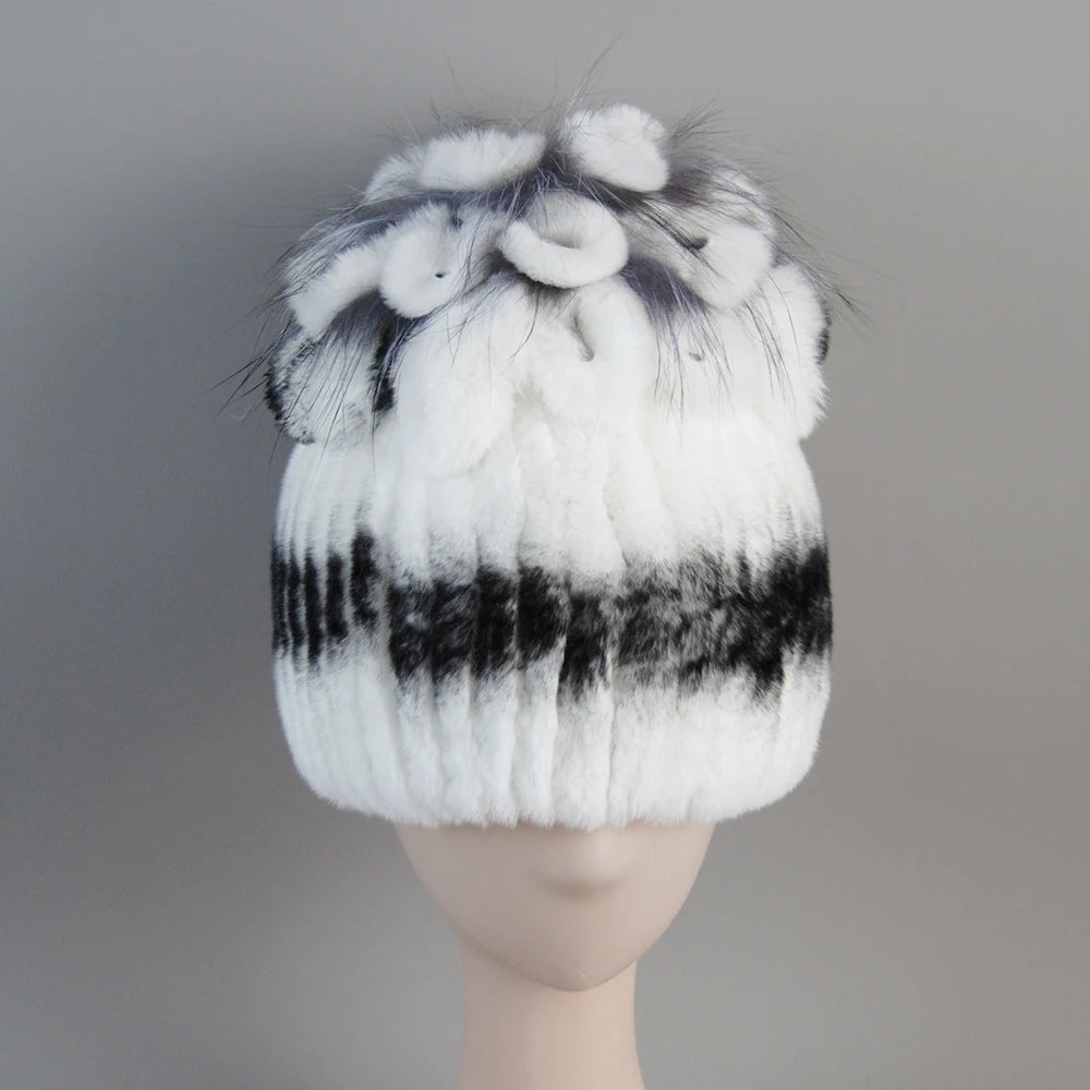 Fur Hats for Women Winter Real Rex Rabbit Hat Fox Fur Knit Female