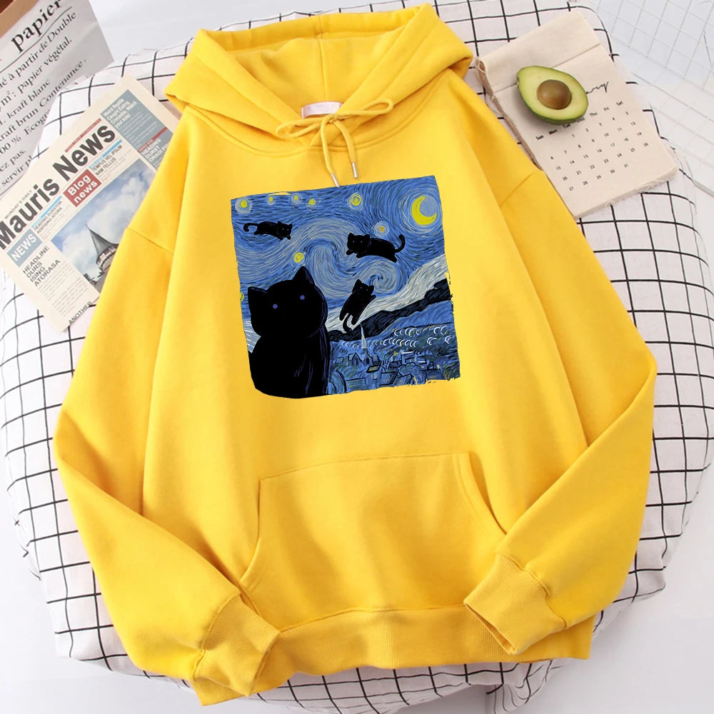 The Starry Cat Night Printing Hoodies Men Autumn Oversize Hoodie