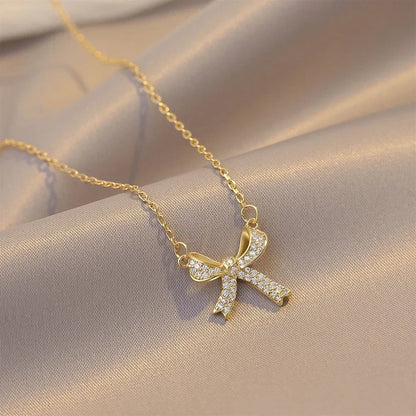 Exquisite Copper Inlaid Zirconia Bow Pendant Necklace for Women