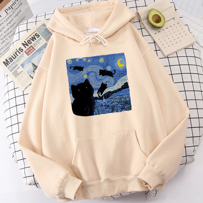 The Starry Cat Night Printing Hoodies Men Autumn Oversize Hoodie