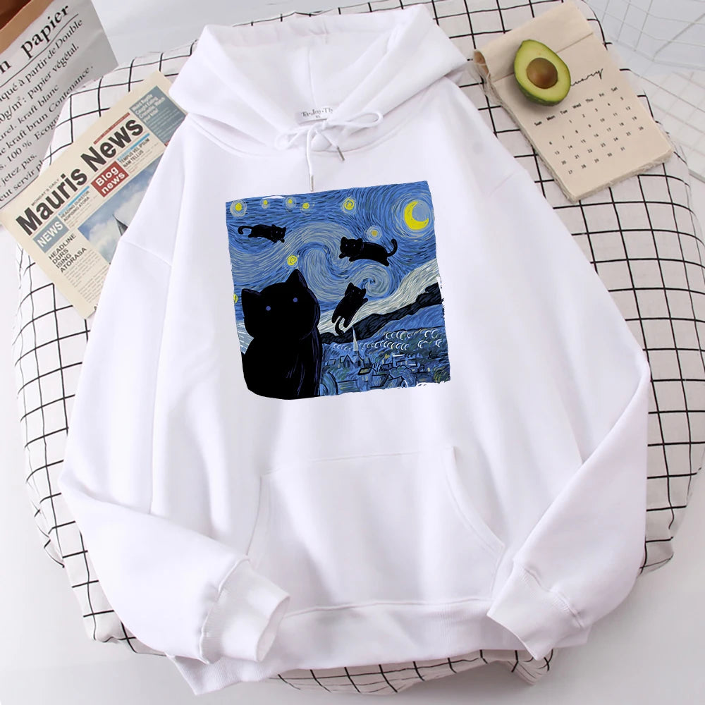 The Starry Cat Night Printing Hoodies Men Autumn Oversize Hoodie