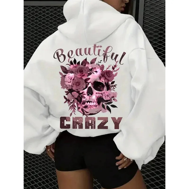 Women's autumn and winter casual hoodie with skull and floral