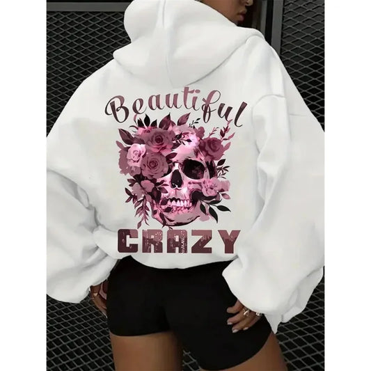Women's autumn and winter casual hoodie with skull and floral