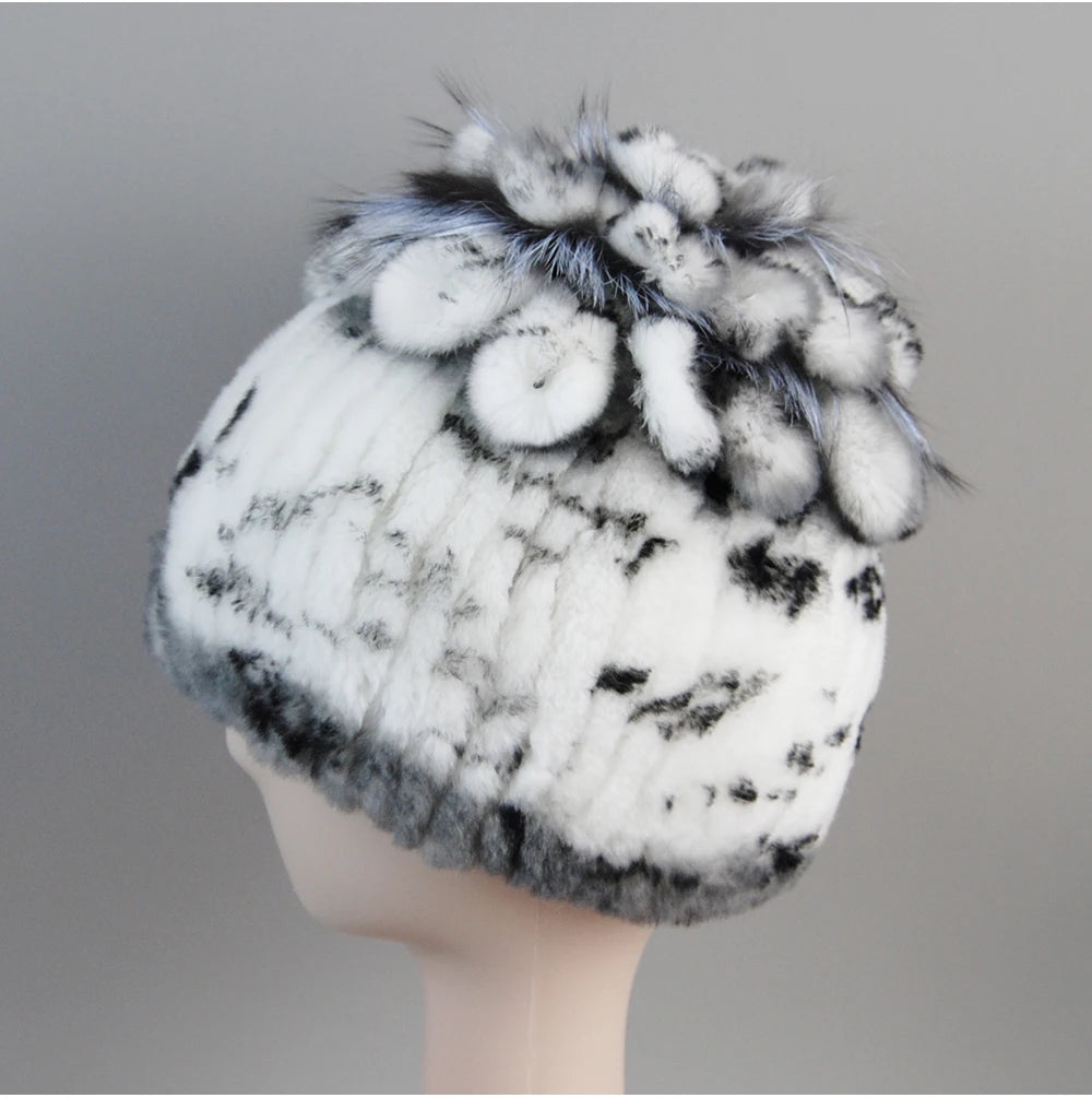 Fur Hats for Women Winter Real Rex Rabbit Hat Fox Fur Knit Female