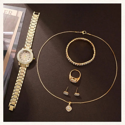 Golden Watch Women Ring Necklace Earrings Rhinestone Fashion